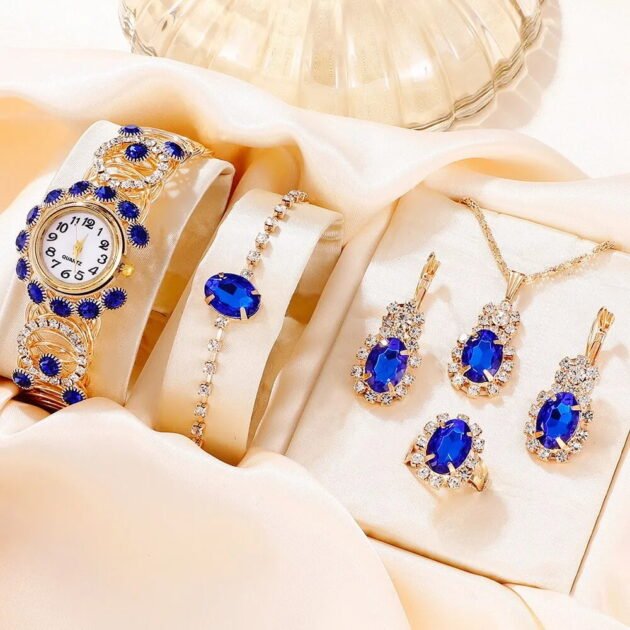 6Pcs Best Women Luxury Watch Bracelet Necklace Ring Earrings